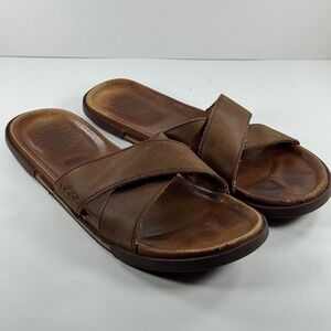 UGG Australia Men 12 Brown Leather Criss Cross Slide Sandals 1014096